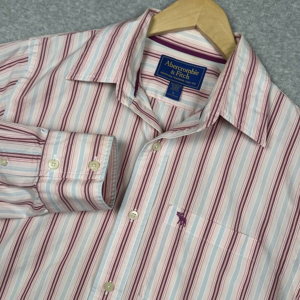 Vintage Abercrombie & Fitch Shirt Mens L Pink Striped Button Up Office Y2K Moose